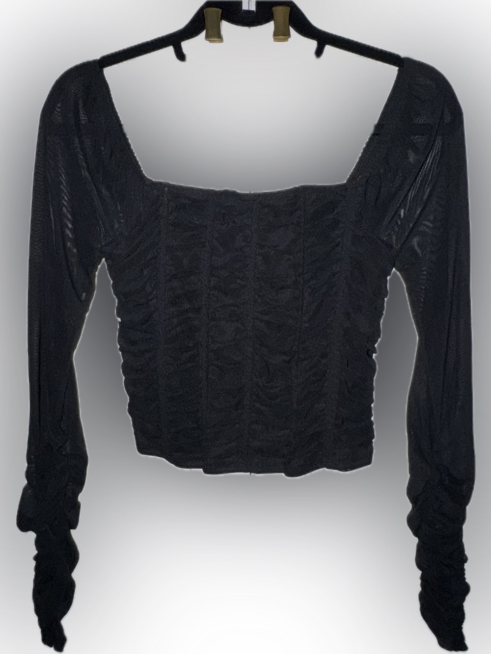 Black Mesh Sheer Ruched Long-Sleeve Square Neck Women's Top Bustier Corset
